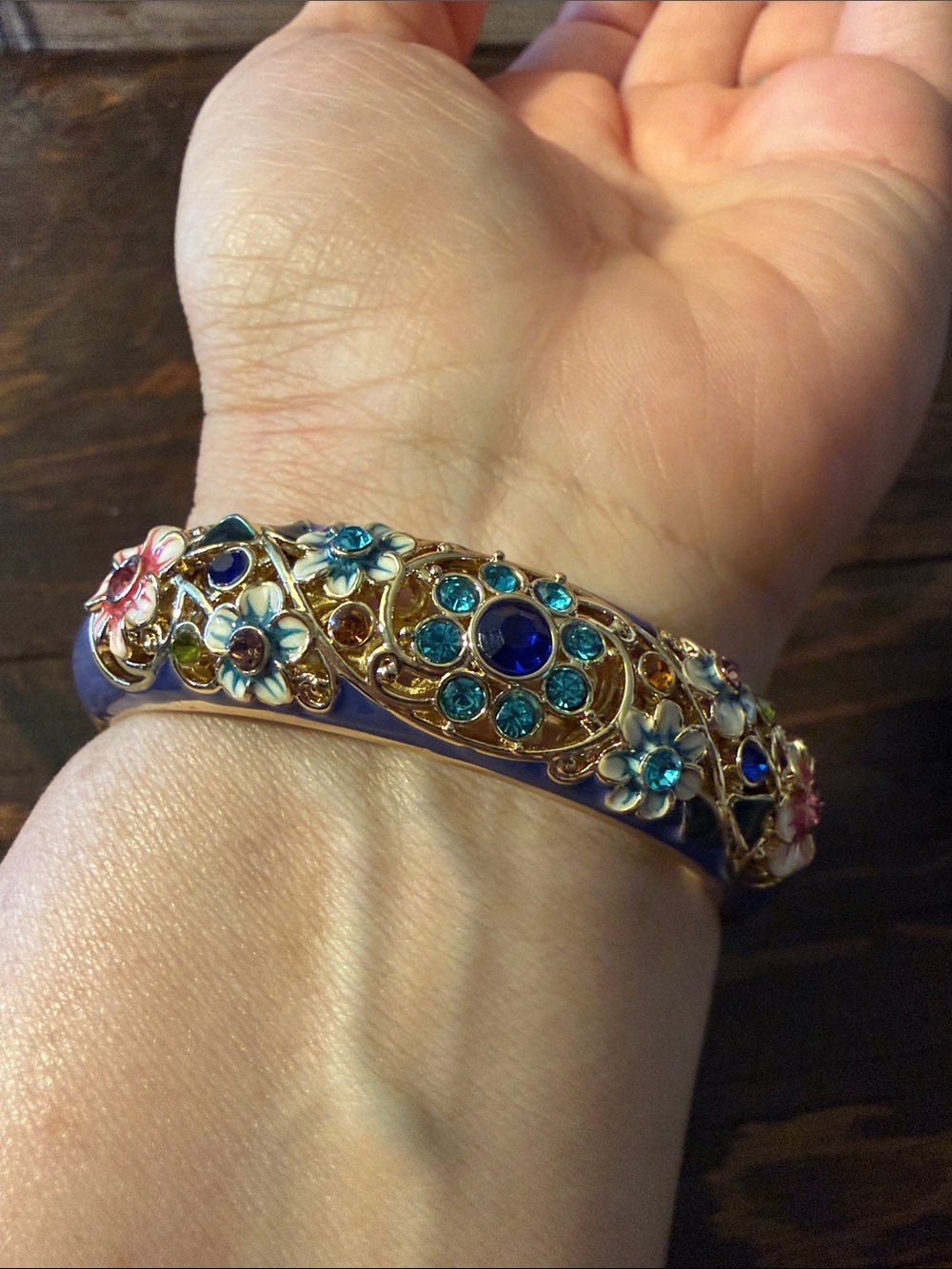 Gold Plated Floral Crystal Bangle Bracelet with Blue Accents